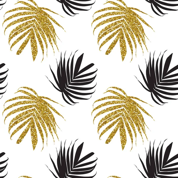 Vector gold glitter palm leaf. Tropical leaves seamless pattern. — Stock Vector