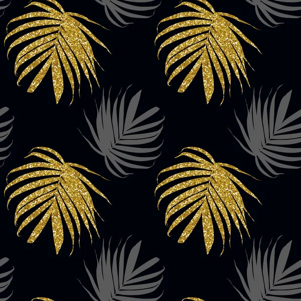 Vector gold glitter palm leaf on a dark background. Tropical lea — Stock Vector