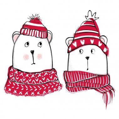 Christmas illüstrasyon komik ayılar ile. Elle çizilmiş vektör teddy