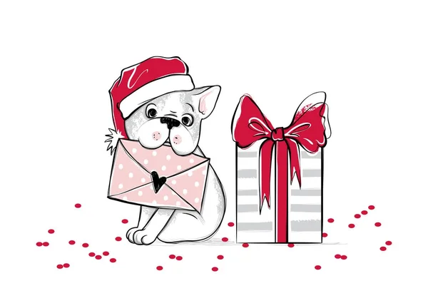 Χαρούμενα Χριστούγεννα απεικόνιση με αστείο σκύλο. Το χέρι συντάσσονται διανύσματος f — Διανυσματικό Αρχείο