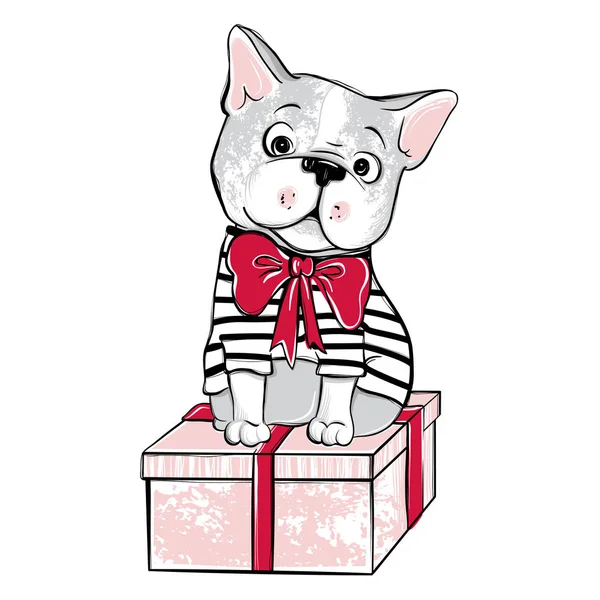 Frohe Weihnachten Illustration mit lustigem Hund. von Hand gezeichneter Vektor f — Stockvektor