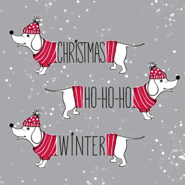Weihnachtsset Illustration mit lustigen Hunden. handgezeichneter Vektor po — Stockvektor