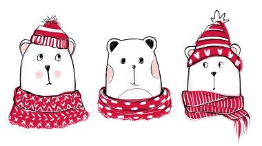 Christmas illüstrasyon komik ayılar ile. Elle çizilmiş vektör teddy kırmızı kazaklı, atkı ve şapka ile. Mutlu yeni yıl koleksiyonu. Kazanmak