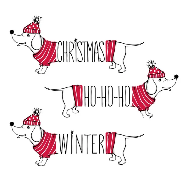Weihnachtsset Illustration mit lustigen Hunden. handgezeichneter Vektor po — Stockvektor