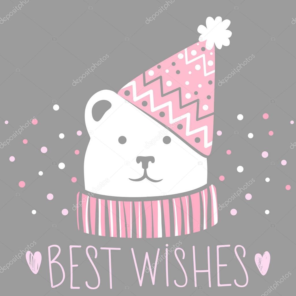 Best Wishes vector greeting card with cute bear.