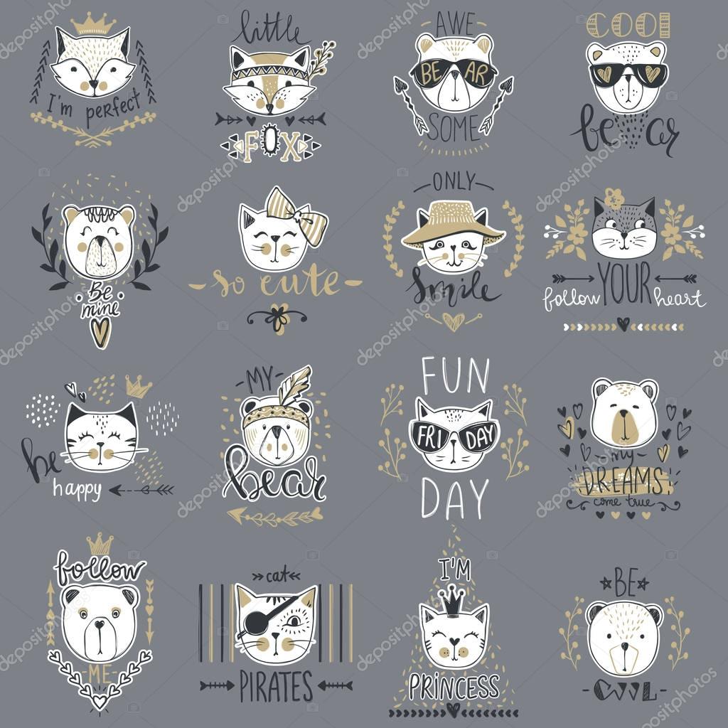 Big Vector collection with  cute animals. Set with teddy bears, cats, fox. Trendy design in sketch style  t-shirt print, cards, poster. Doodle kids series Funny characters. Cartoon art