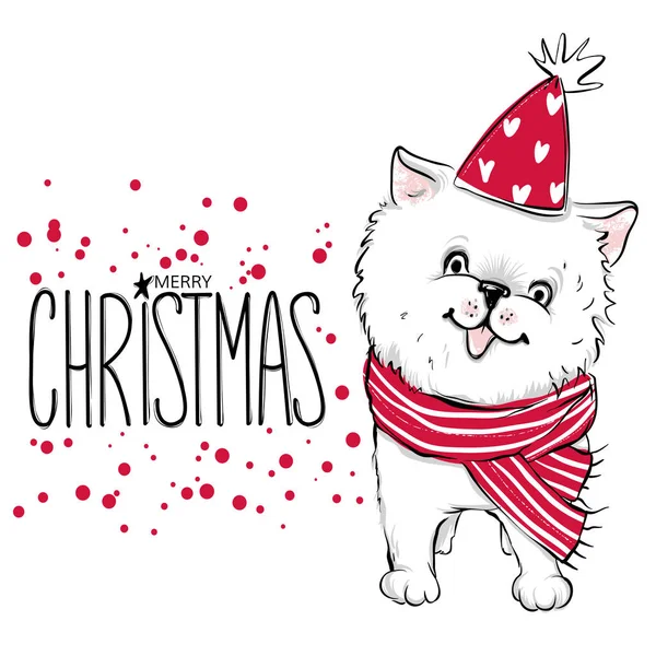 Feliz Navidad 2018 ilustración con perro divertido. VEC dibujado a mano — Archivo Imágenes Vectoriales