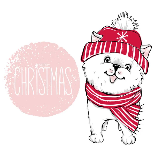 Merry Christmas 2018 illustration med rolig hund. Handritad vec — Stock vektor