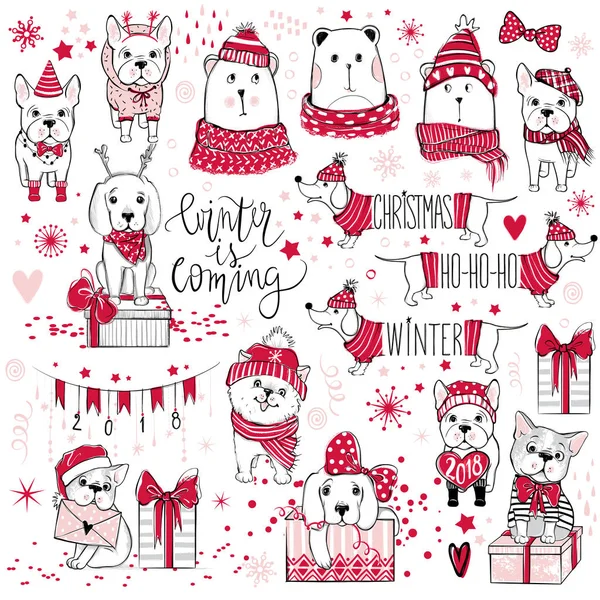Eine riesige Weihnachts-Kollektion mit niedlichen Hunden, Bären, Geschenken, Schneeflocken — Stockvektor