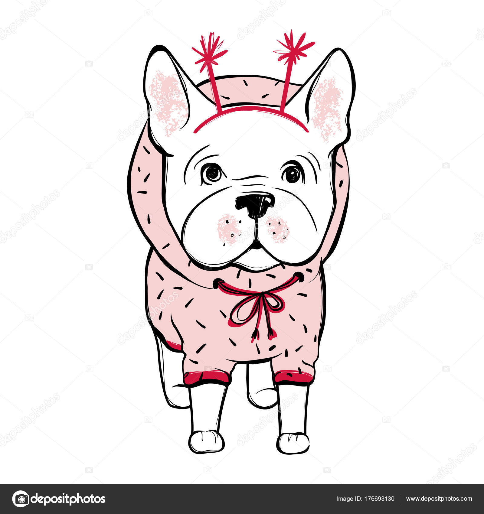 可爱的矢量狗在冬天的衣服。时尚法国斗牛犬小狗. 图库矢量图©YanaLesiuk 176693130, image size:1600x1700