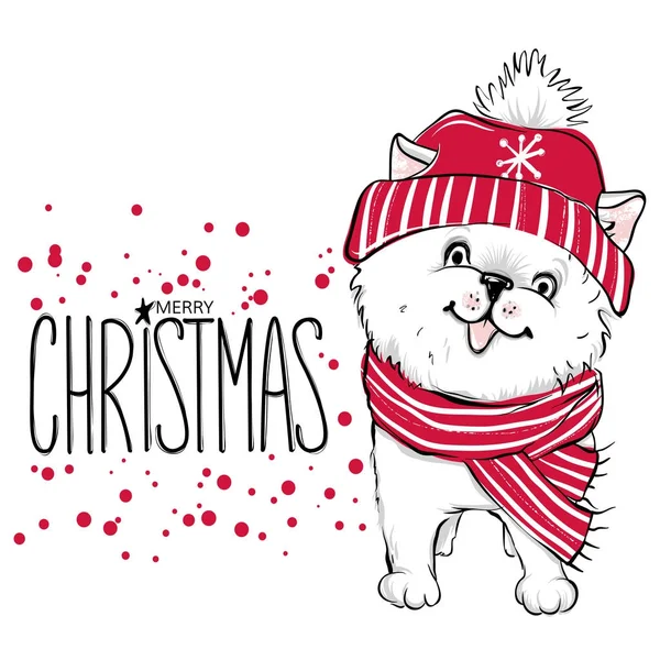 Buon Natale 2018 illustrazione con cane divertente. Vec disegnato a mano — Vettoriale Stock