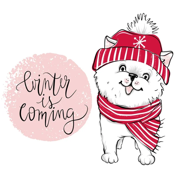 Frohe Weihnachten 2018 Illustration mit lustigem Hund. handgezeichnetes Vec — Stockvektor