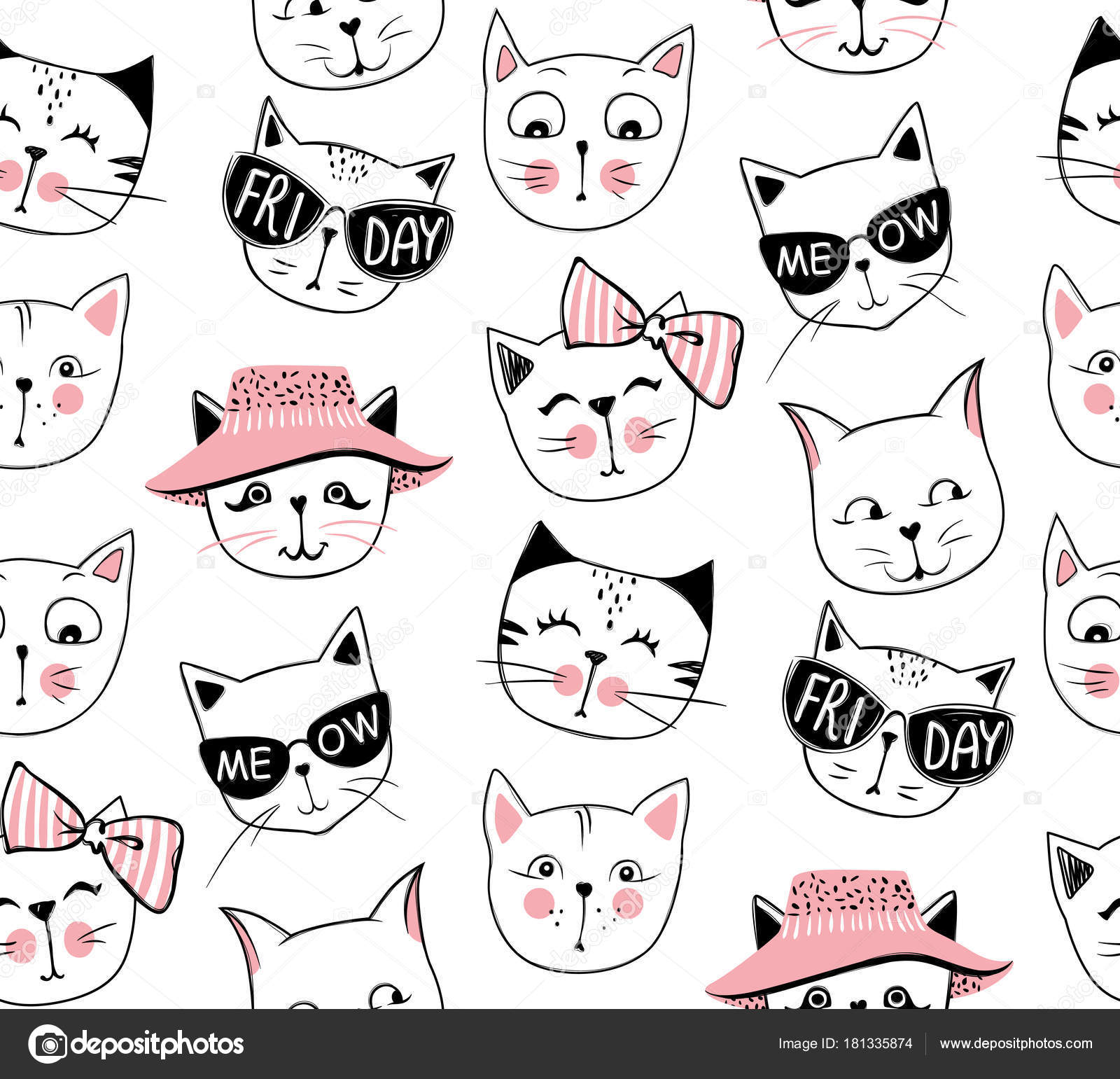 Vector moda gato sem costura padrão. Bonito gatinho ilustração em Vetor de  ©YanaLesiuk 181335874, image size:1600x1541