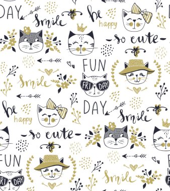 Vektör moda kedi seamless modeli. Şirin kedi yavrusu çizimde