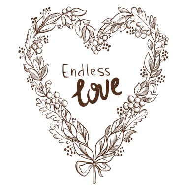 Vektör kalp yaprakları, çilek ve yay. Sevimli romantik tasarım.