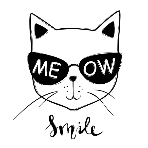 Tarjeta vectorial con gato de moda lindo. Gatito con estilo. Doodle Kitty. . — Vector de stock