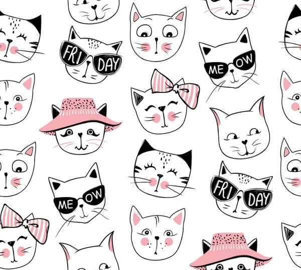 Vector fashion cat seamless pattern. Cute kitten illustration in