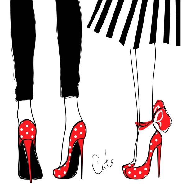 Векторные девушки на высоких каблуках. Иллюстрация моды. Женские ноги в обуви. Симпатичный дизайн. Модная картина в модном стиле . — стоковый вектор