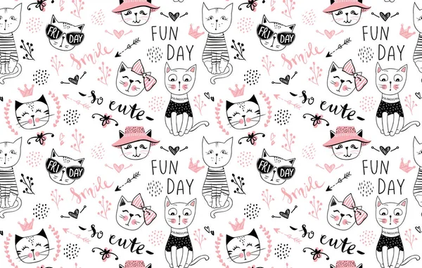 Vector fashion cat seamless pattern. Cute kitten illustration in — Stock Vector