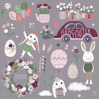 Şirin mutlu Paskalya çizgi film karakterleri ve tasarım el vektör kümesi