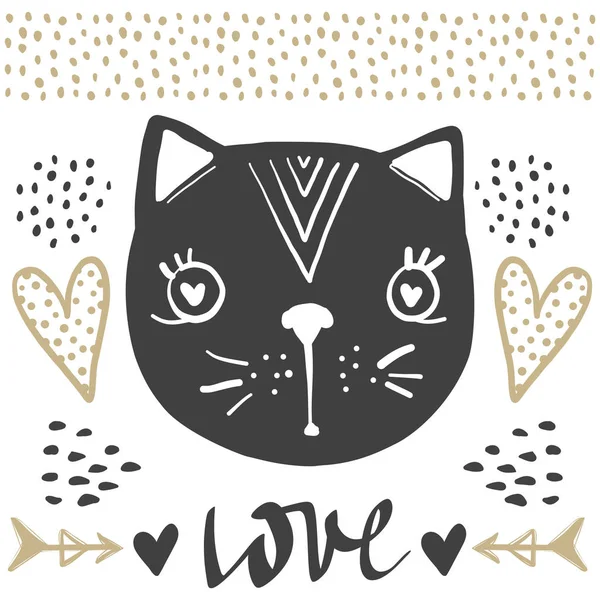 Cat vektor. Doodle seriefigur. Kärlek, hjärtan, pilar. — Stock vektor