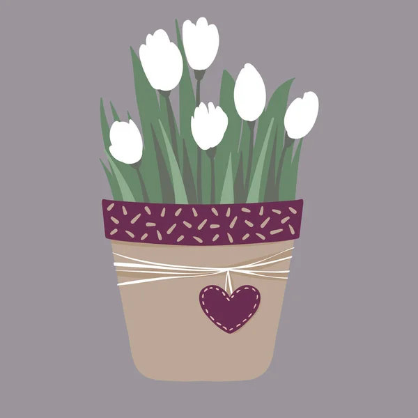 ベクトル チューリップの花瓶かわいいグリーティング カードです。春の花. — ストックベクタ