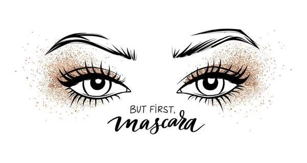 Beautiful eyes with long black lashes and Golden Glitter eyeshadow. — Stock Vector