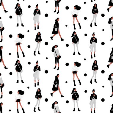 Modern tarzda genç kadınlarda kusursuz bir model. Gençlik geçmişi. Moda elbiseli moda kızları tasarımı tekrarlıyor. Renkli insanlar düz bir şekilde resmedilmiş. Kadın karakterler.