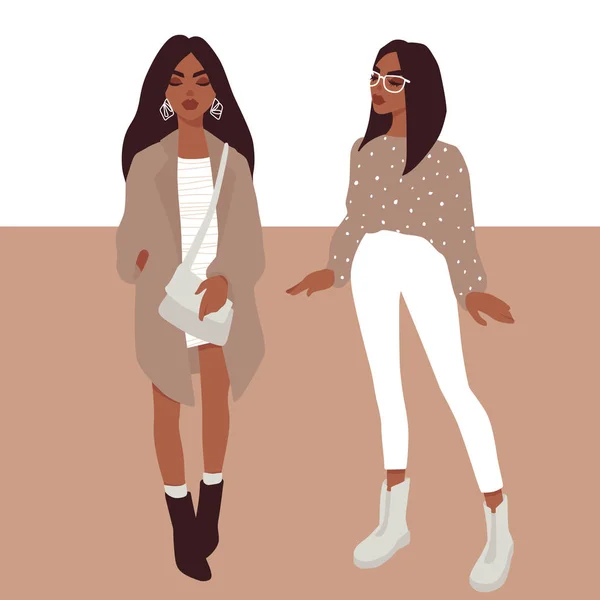 Jonge vrouwen vectorset. Stijlvolle meisjes in trendy kleding geïsoleerd op witte achtergrond. — Stockvector