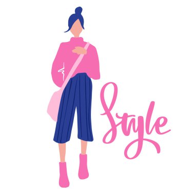 Düz bir şekilde taşıyıcı kız. Moda kıyafetleri giymiş çantalı genç bir kadın..