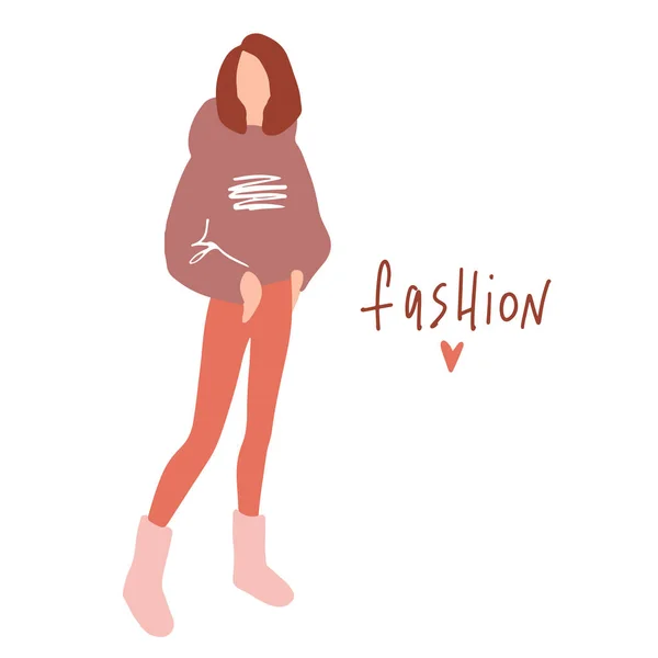 Vectormeisje in een platte stijl. Jonge vrouw met tas gekleed in trendy kleding. — Stockvector