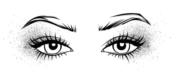 Female eyes with long black eyelashes, glitter silver eyeshadow and brows. — 스톡 벡터