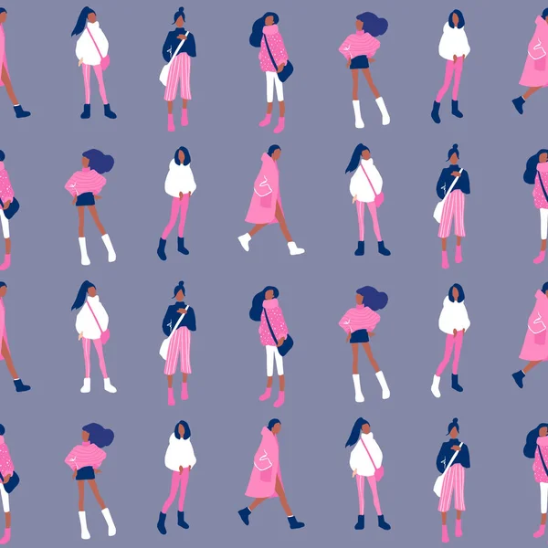 Vector seamless pattern with young women in modern style. Young People background. — Stock Vector