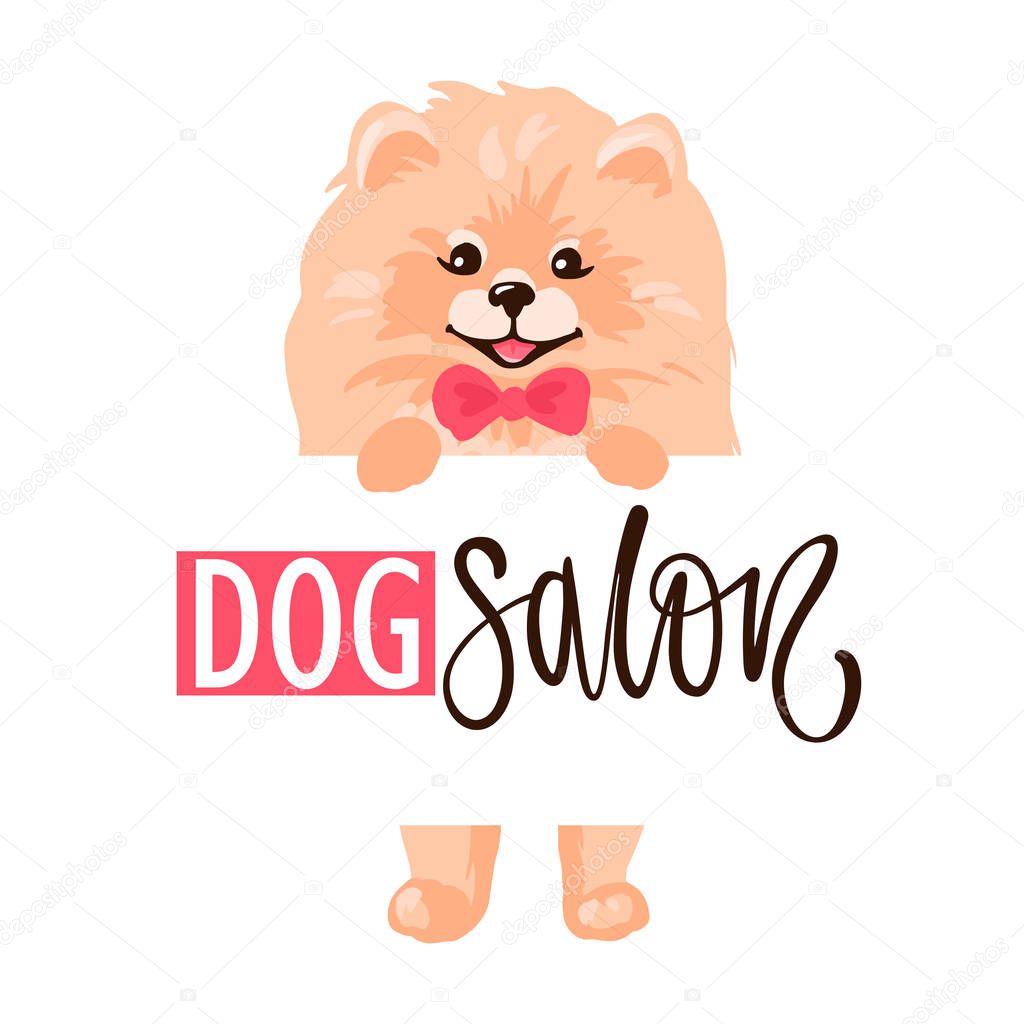 Dog salon, Pet grooming logo design template. Hair salon for animals with cute Pomeranian Spitz puppy isolated on white background. Vector stock illustration in flat cartoon style.
