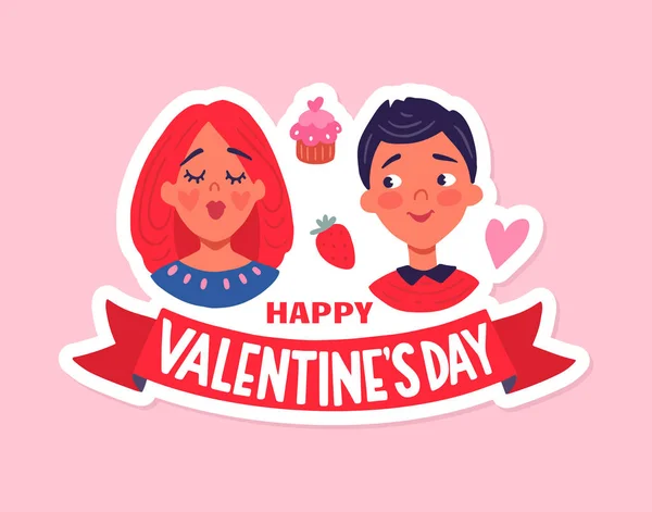 Happy Valentines Day. Greeting Card with cute couple — Stock Vector