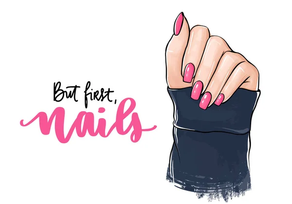 Vector Hermosas manos de mujer con esmalte de uñas rosa. Letras manuscritas sobre clavos. — Vector de stock