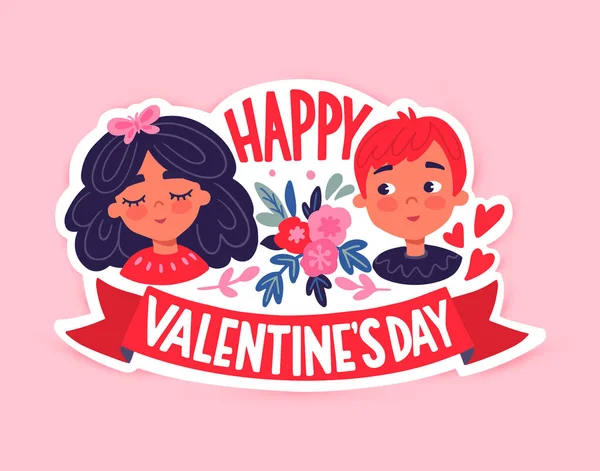 Fijne Valentijnsdag. Wenskaart met schattig paar, harten, bloemen. — Stockvector