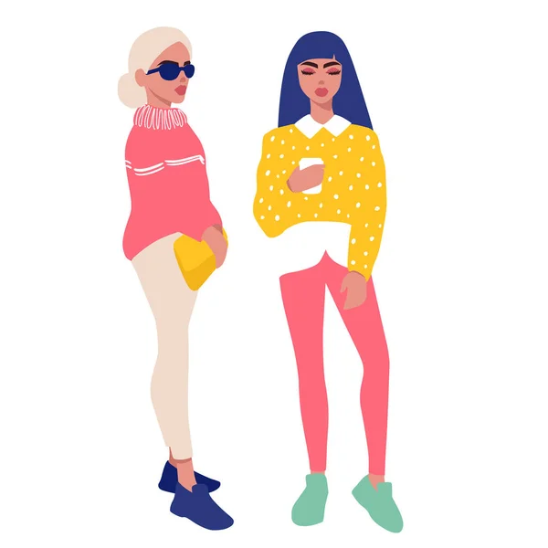 Jonge vrouwen vectorset. Stijlvolle meisjes in trendy kleding geïsoleerd op witte achtergrond. — Stockvector