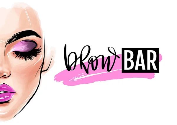 Brow bar logo. Vector beautiful woman face. Girl portrait with long black lashes, brows, sexy lips — Stock Vector