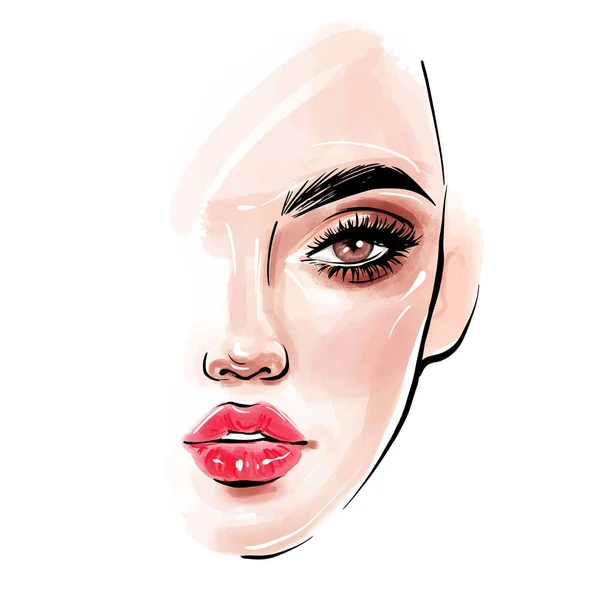 Vector beautiful woman face. Girl portrait with long black lashes — Wektor stockowy