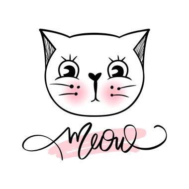 Vector cute cat illustration. Hand drawn Stylish kitten. Doodle Kitty. Meow lettering.