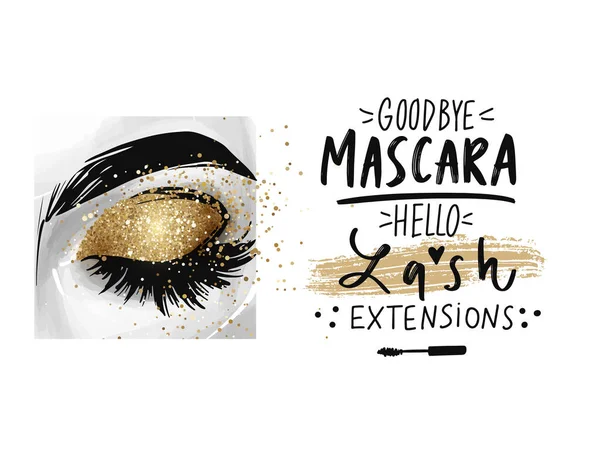 Closed eye with golden glitter eyeshadow and phrase about lash extensions. — Stock Vector