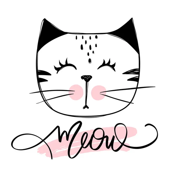 Vector cute cat illustration. Hand drawn Stylish kitten. Doodle Kitty. Meow lettering. — Stock vektor