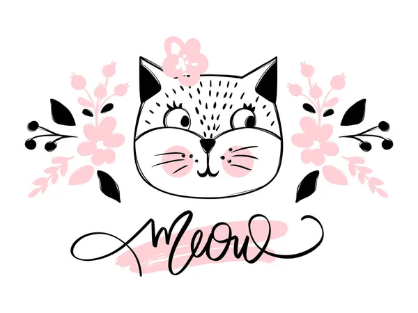 Vector cute cat illustration. Hand drawn Stylish kitten. Doodle Kitty. Meow lettering. — Stock vektor