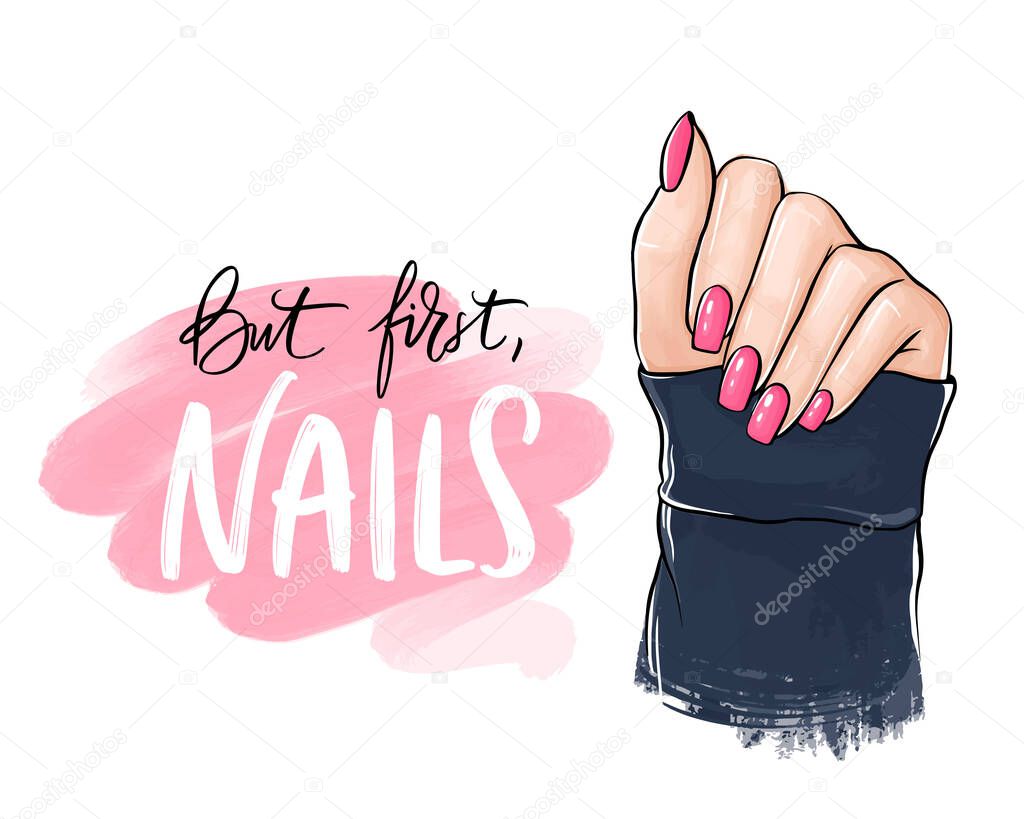 Vector Beautiful woman hands with pink nail polish. Handwritten lettering about nails.