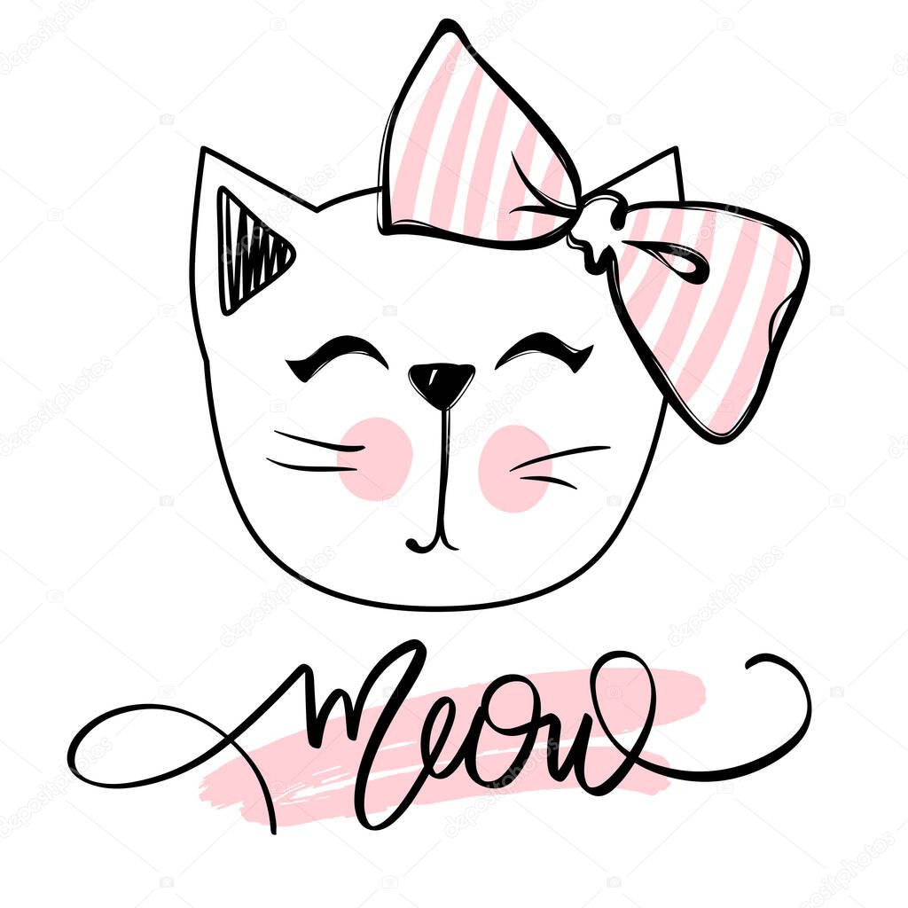 Vector cute cat illustration. Hand drawn Stylish kitten. Doodle Kitty. Meow lettering.
