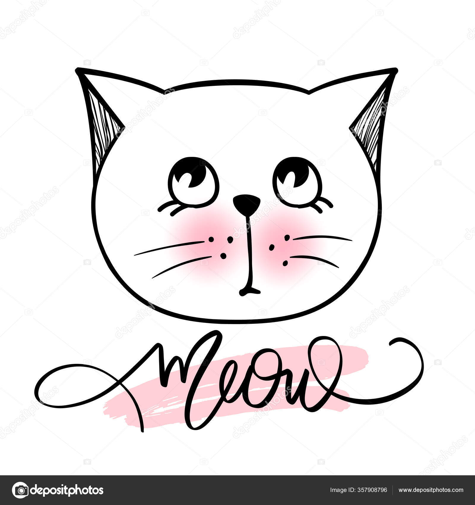 Rosto Bonito Do Gato Isolado No Fundo Branco. Gatinho Sorridente.  Ilustração Desenhada À Mão Do Vetor No Estilo Do Doodle. Perfeito Para  Decorações, Cartões, Logotipo, Vários Projetos. Caráter Simples Do Desenho  Animado.