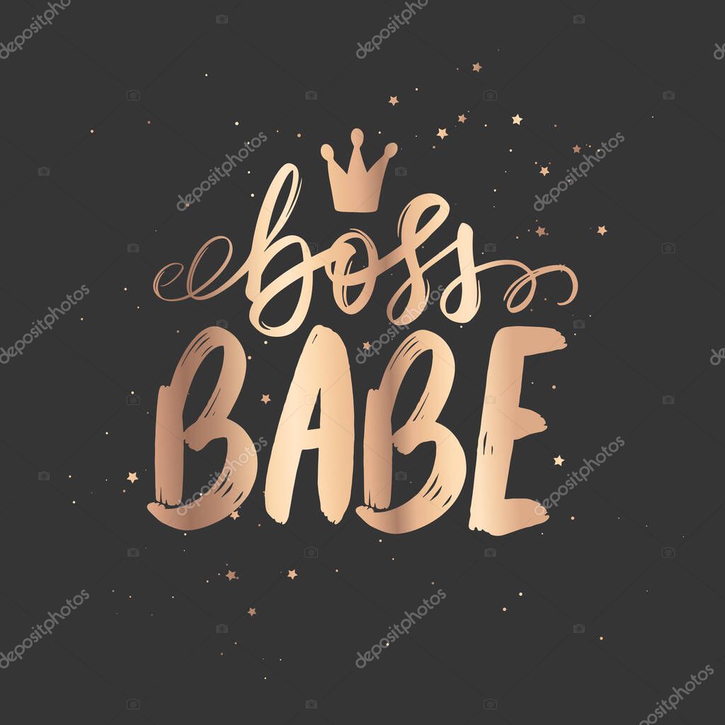 Boss Babe Vector poster. Golden Brush calligraphy. Feminism slogan with Handwritting lettering. Ideal for logo, posters, cards, invitation, print, t-shirt and badge design.