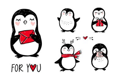 Karalama penguenleri, el çizimi komik hayvanlar. Vektör Penguen karakteri çizim tarzında.
