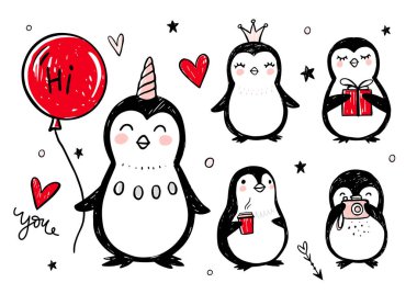 Karalama penguenleri, el çizimi komik hayvanlar. Vektör Penguen karakteri çizim tarzında.
